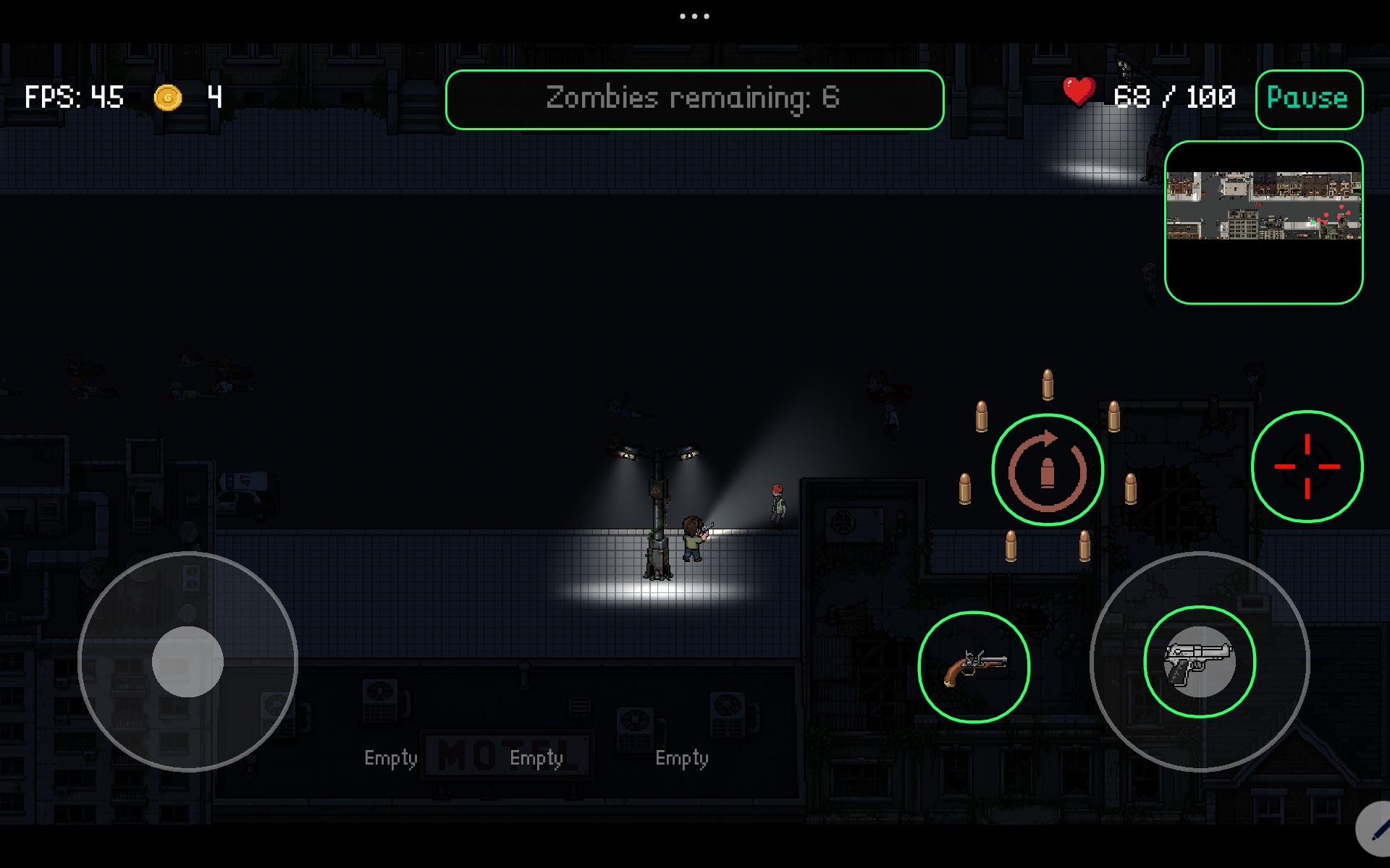 Combate nocturno con zombis y controles táctiles